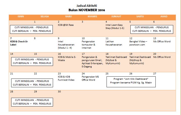 JADUAL AKTIVITI - NOVEMBER 2016