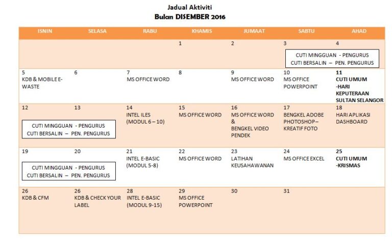 JADUAL AKTIVITI - DISEMBER 2016